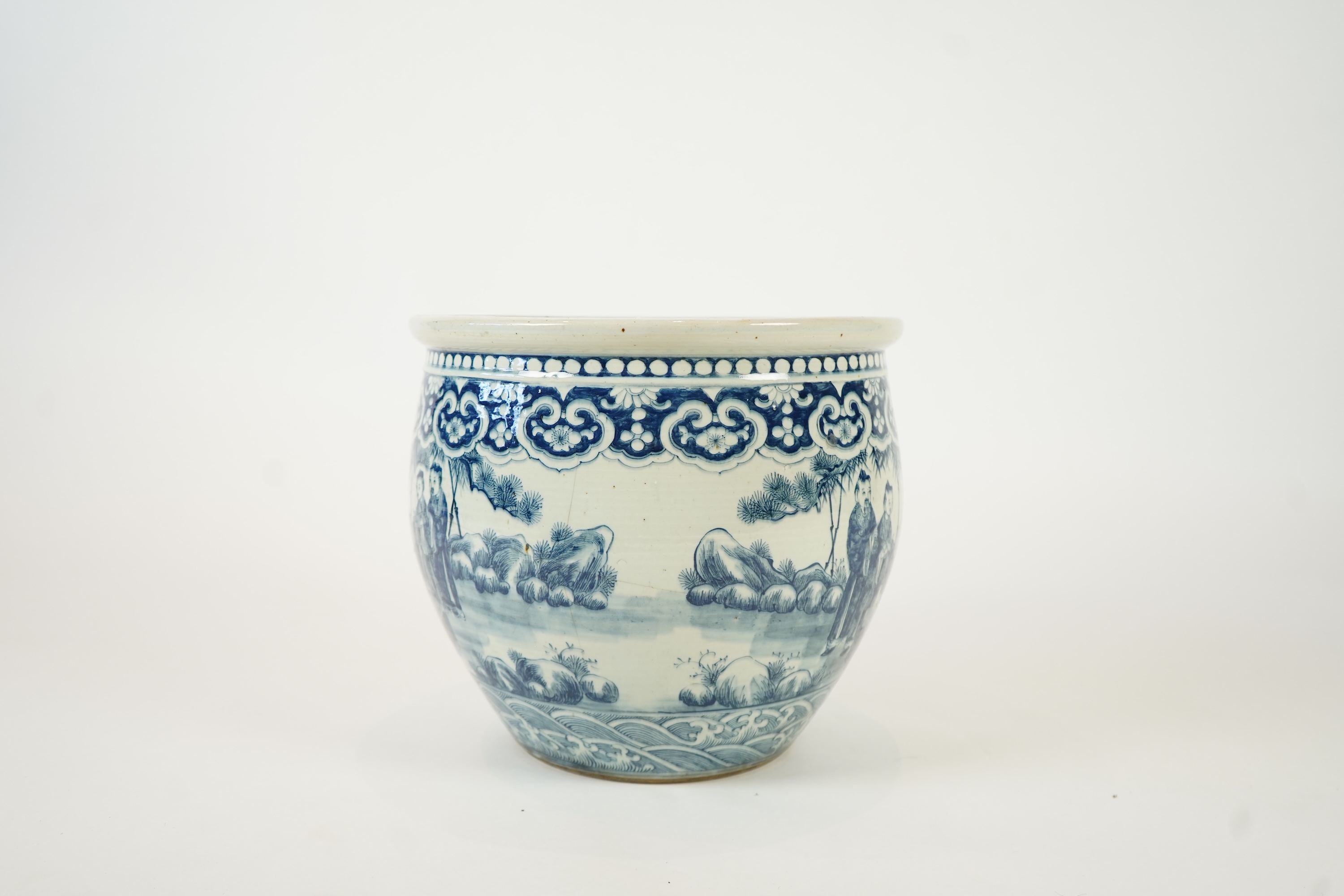 A large Chinese blue and white ‘sages’ fish bowl, early 20th century